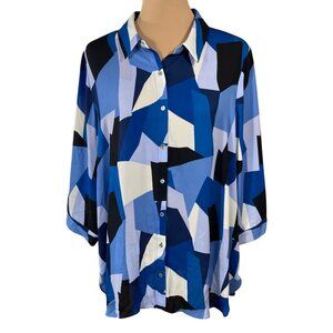 Rose & Olive Button Front Blouse Top Blue Geo Print Size 1X Collar